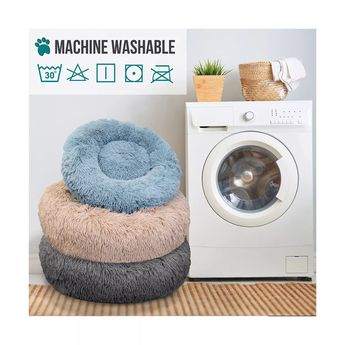 Petami Calming Dog Bed for Puppy Cat Kitten, round Washable Pet Bed, anti Anxiety Cuddler, Fluffy Plush Circular Donut Bed